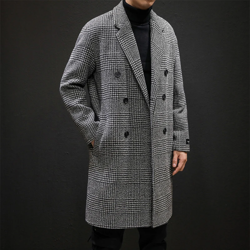 Double breasted wool jacket men's winter casual fashion houndstooth jacket men's lapel woolen mid-length trench coat