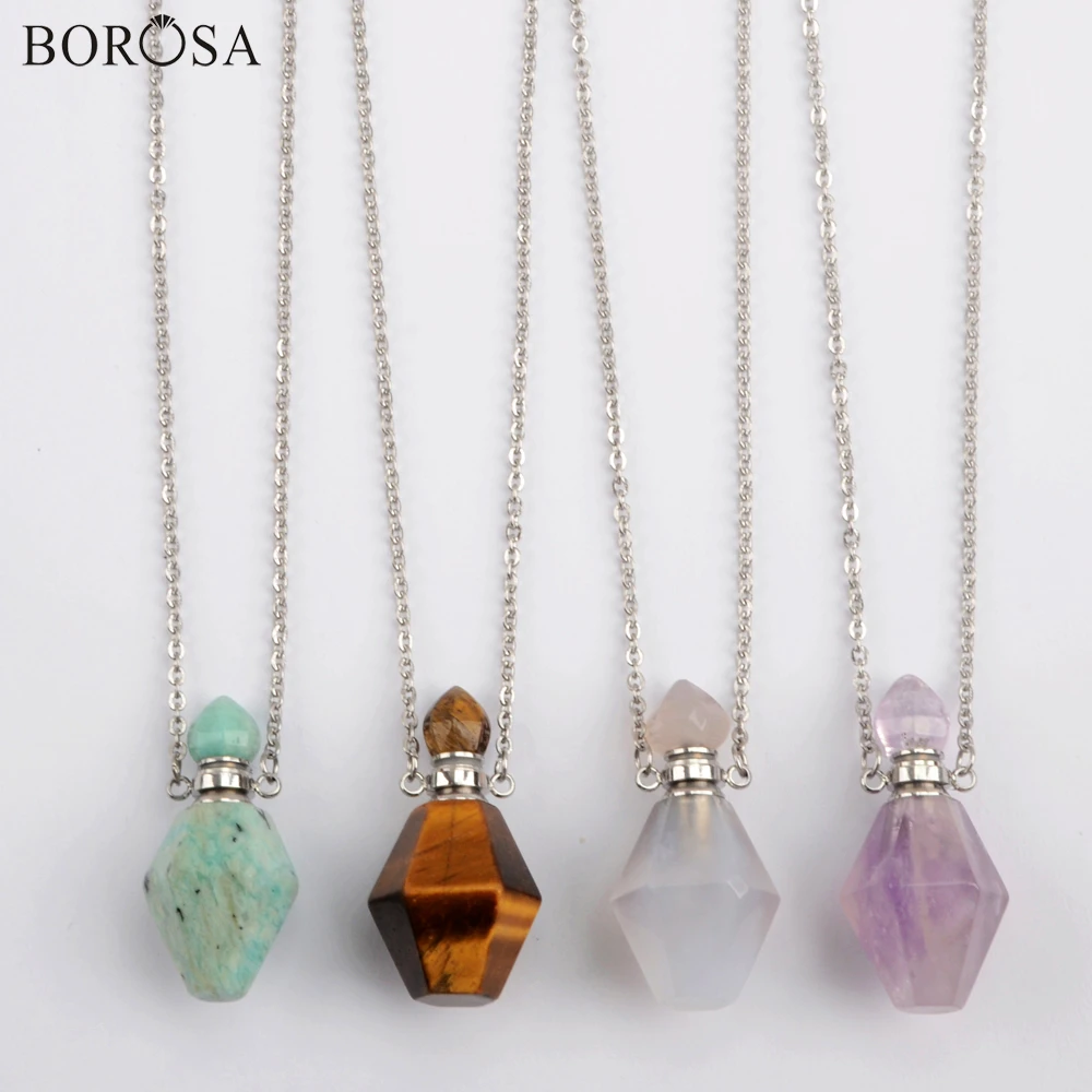 

Silver Plated Amazonite Perfume Bottle Pendant Necklace for Women Faceted Natural Stone Essential Oil Diffuser Necklace WX1610