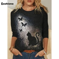plus size women fashion basic top model butterfly cats print t shirt femme pullovers autumn tees shirts sexy girls clothing 2021