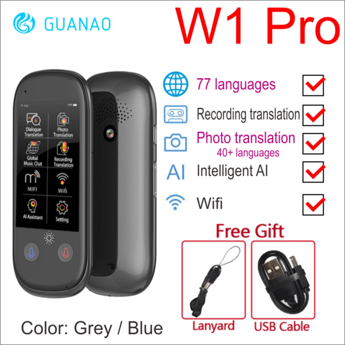 W1 PRO GREY Boeleo W1 3,0 AI переводчик портативное голосовое устройство умный бизнес путешествия арабский обучение 117 языков межпереводная машина - Цвет: W1 PRO GREY