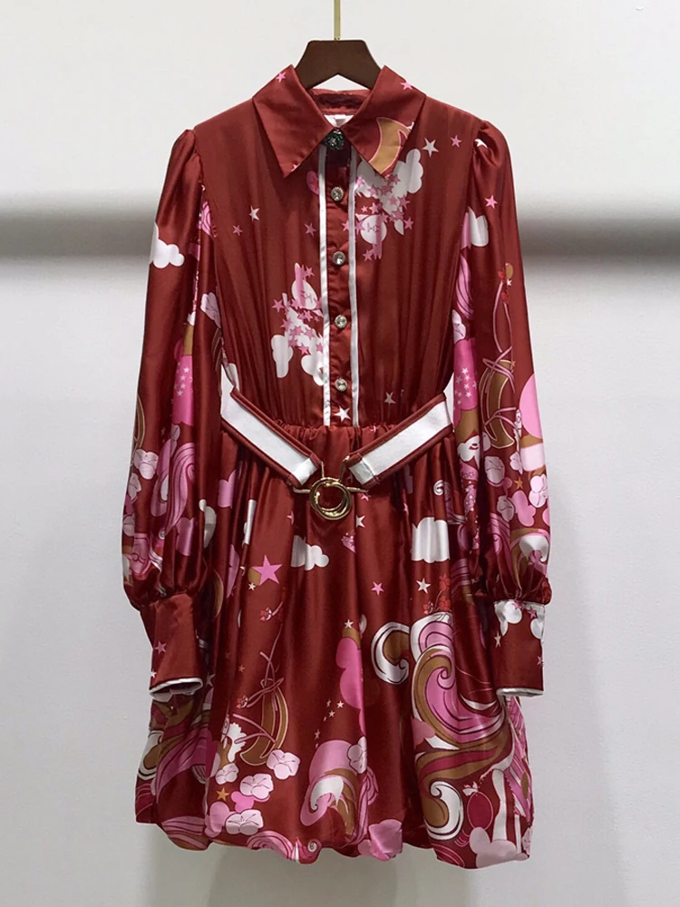 

Платье с отложным воротником и рукавами-фонариками, длинным рукавом, поясом на талии, тонкое короткое платье с цветочным принтом, весна-лето...