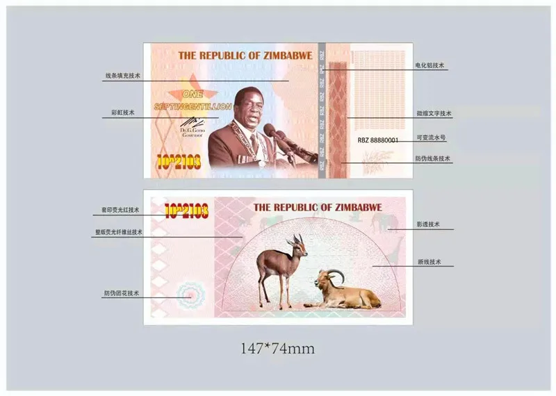 Копия банкнот Зимбабве одна септингентальона банкноты 10 ^ 2103 невалютные