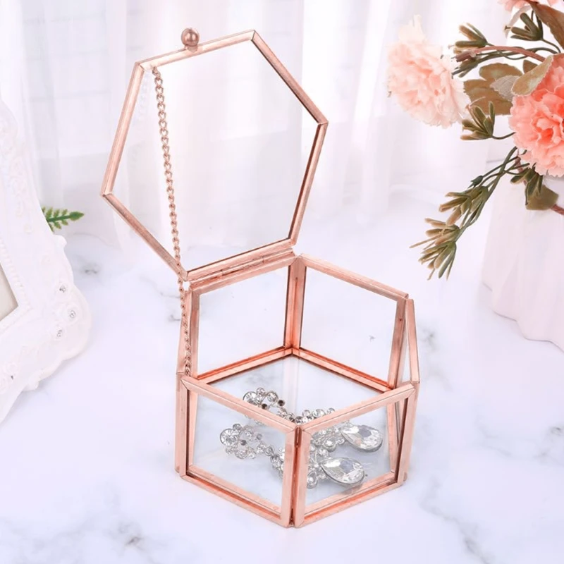 

Hexagon Transparent Rose Gold Glass Ring Box Wedding Geometric Jewelry Organizer