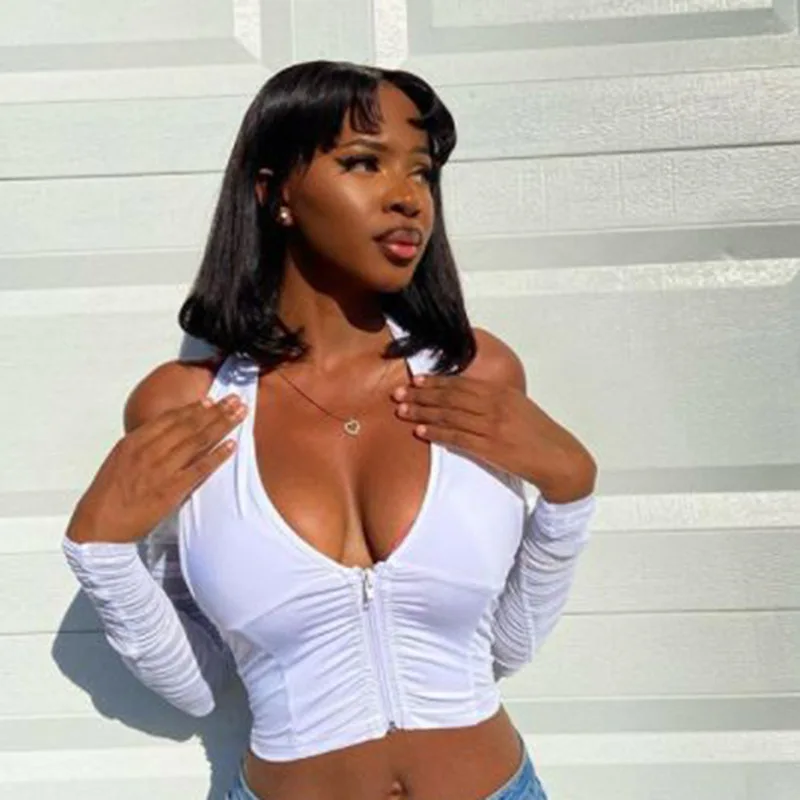 Женский сетчатый кроп-топ с лямкой через шею и V-образным вырезом Черный/Белый Топ