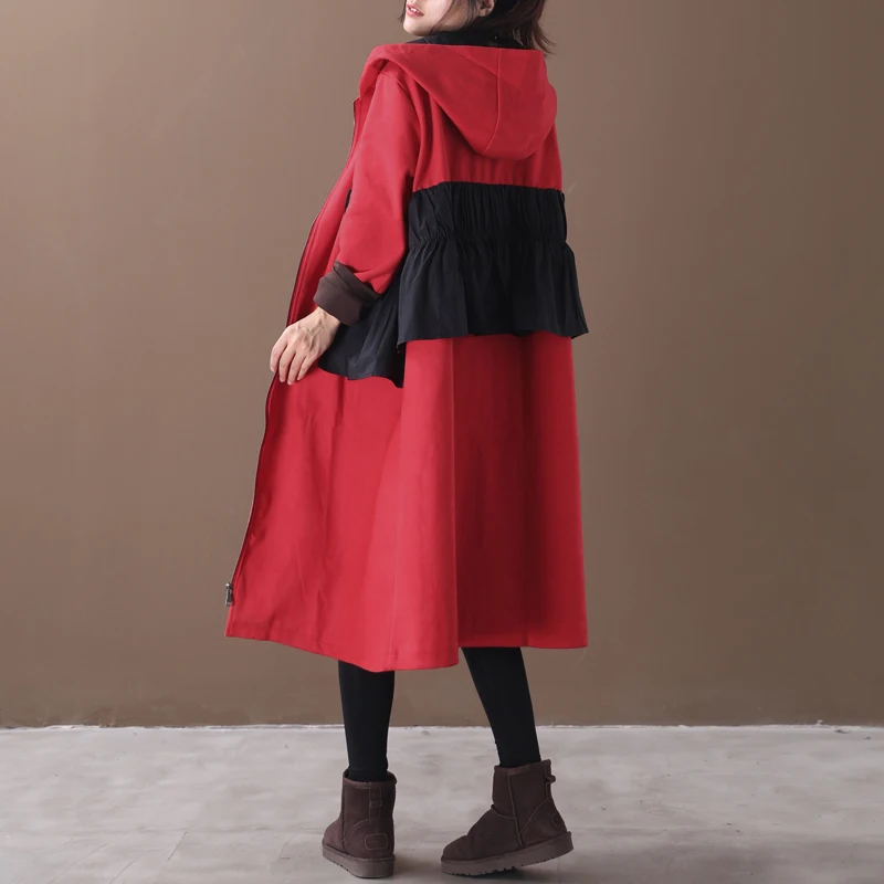 Red female new autumn and winter plus size korean style outerwear literary ruffled stitching hooded with velvet loose trench - Цвет: Red