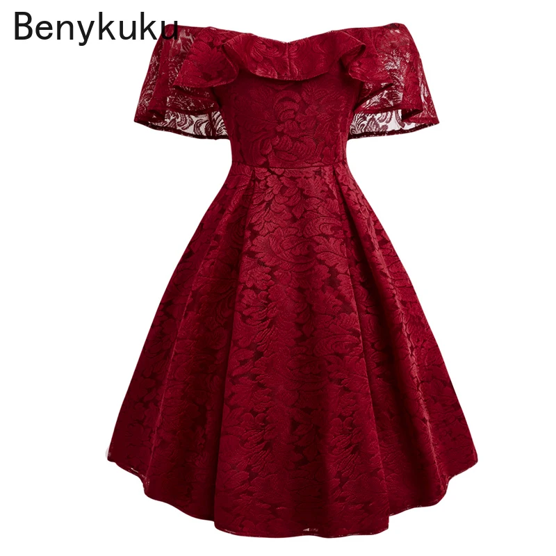 

Vintage Floral Lace Ruffle Dress Burgundy Black Off Shoulder Sexy Robe Femme Women Party Night Gown Female Elegant Dresses 2021