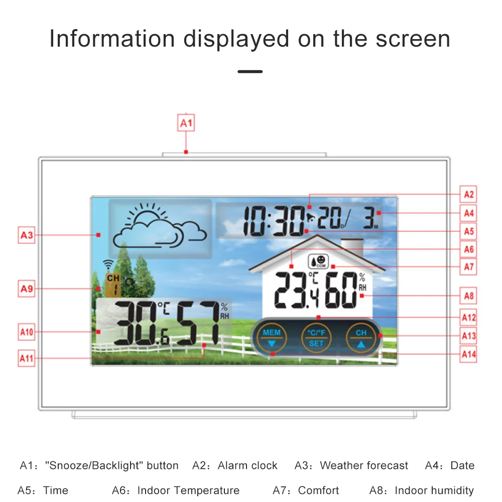 

Weather Station Wireless Indoor Outdoor Sensor Touch Screen Digital Thermometer Hygrometer Weather Forecast Snooze Alarm Clock