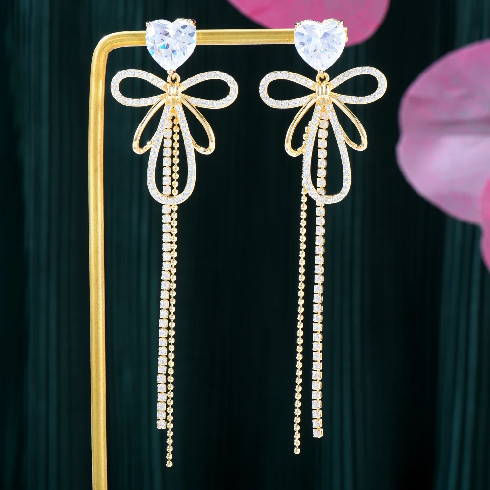

SisCathy luxury Zirconia heart bowkont Drop Earrings for Women Fashion long line Crystal tassel Pendant Earring jewelry female