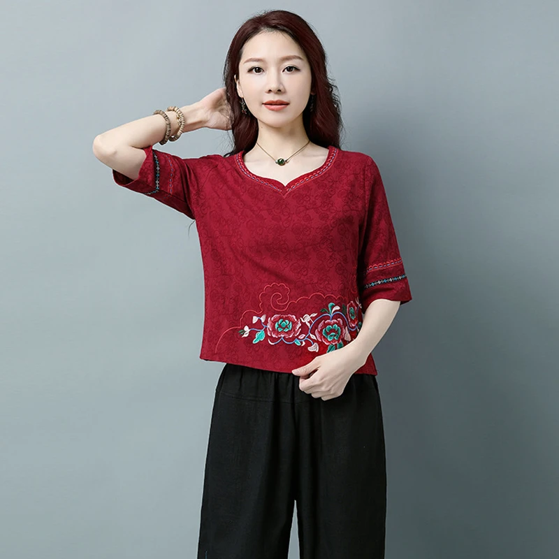 

Cotton Linen T-Shirt for Women Chinese Traditional Costumes Half Sleeve Floral Embroidery Oriental Folk Clothes Spring Summer