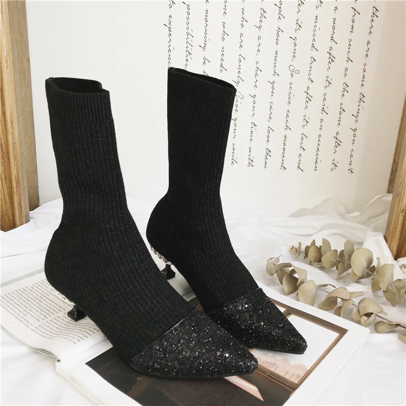 Black Sock Boots Роскошные Стразы Обувь на каблуке-рюмочке Для женщин ботинки со стельками из шерсти Вязание Ботильоны украшенные кристаллами ботильоны Для женщин обувь на высоком каблуке - Цвет: Black Sock Boots