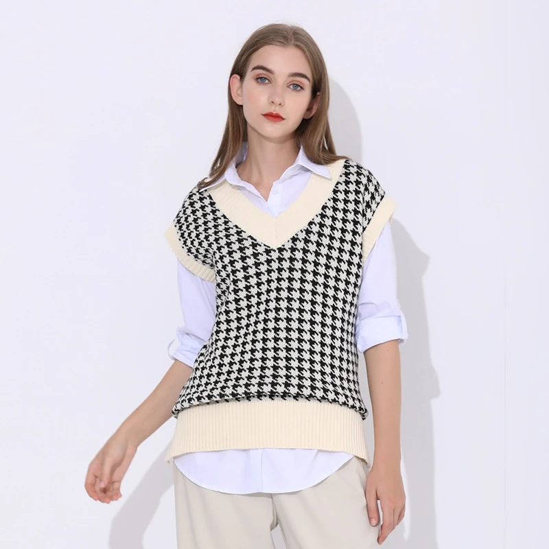 

Vest Sweater Women Waistcoat Female Oversize Knitted Sweater Vest Houndstooth Coat V Neck Sleeveless Side Vents Loose Chic Tops