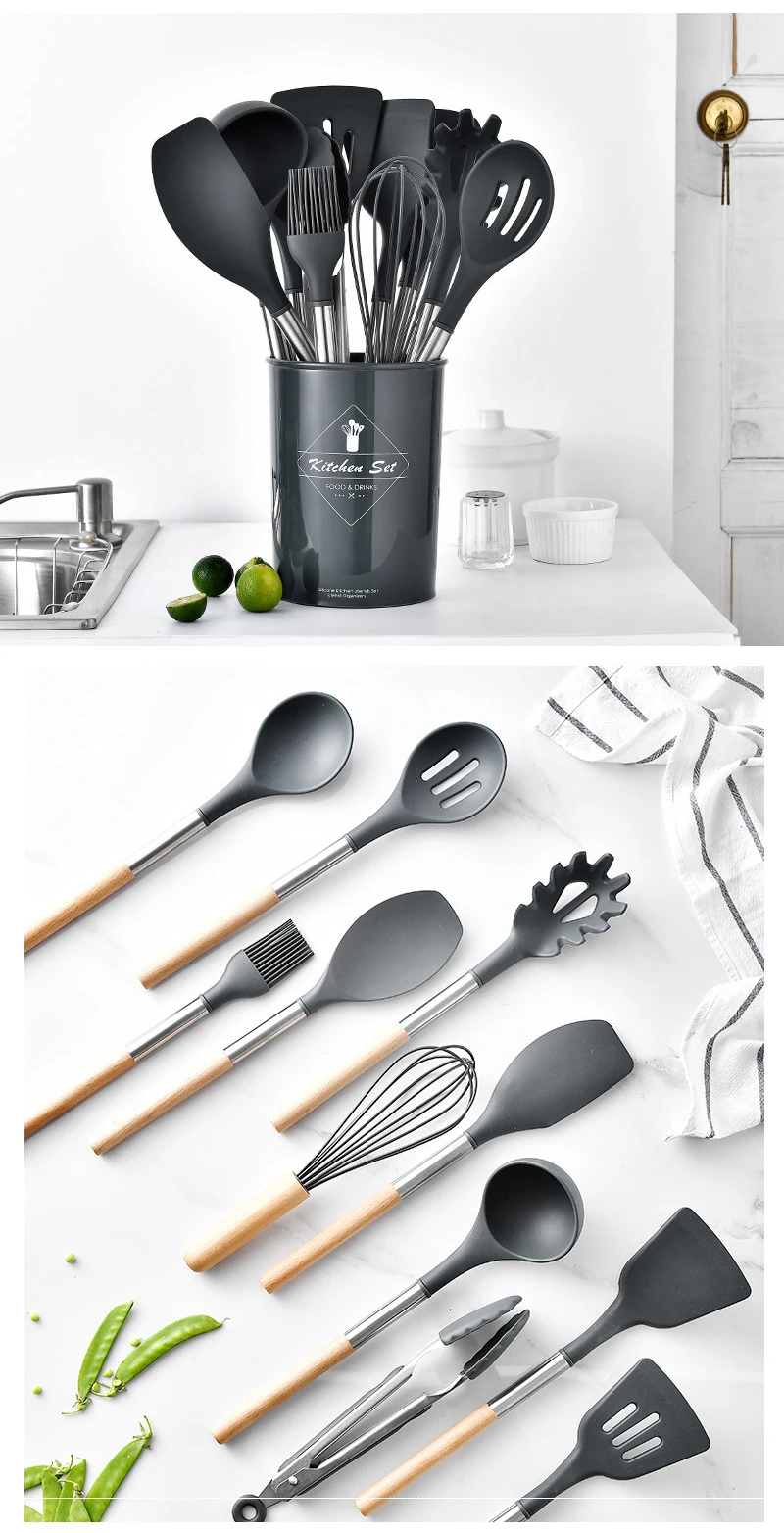12 Pieces Cooking Tools Set Silicone+Wood Handle Kitchen Cooking Utensils Set with Storage Box Turner Tongs Spatula Soup Spoon