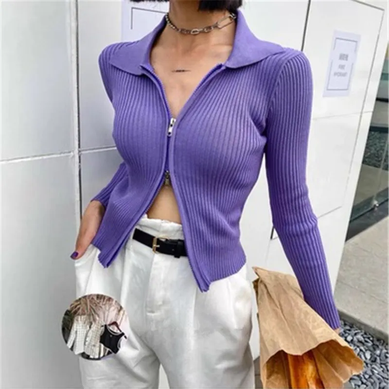 

Double Zipper Pit Strip Knitted Cardigan Women Autumn Winter Short Coat Tight Open Navel Lapel Long Sleeve Top