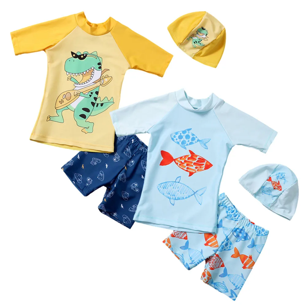 

Купальный костюм для мальчиков, комплект с рисунком динозавра из мультфильма купальник короткий рукав и акулы шорты с капюшоном из 3 предме...