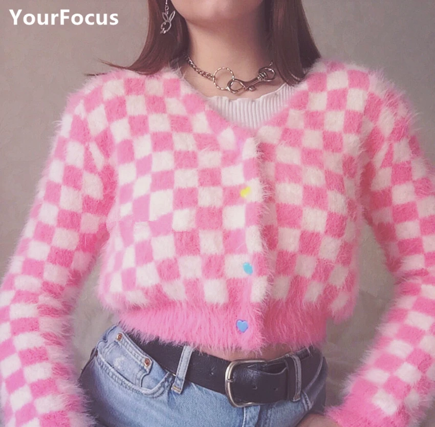 Женский клетчатый кардиган в шахматную клетку короткий вязаный свитер с длинным