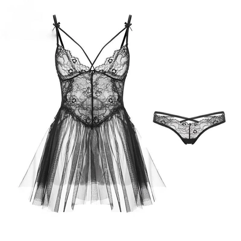 

Black Sexy Lace Sheer Night Dress Women Sleepwear Camis Sleeveless Open Back Mesh Mini Nightgown Women New Black Sexy Nightwear