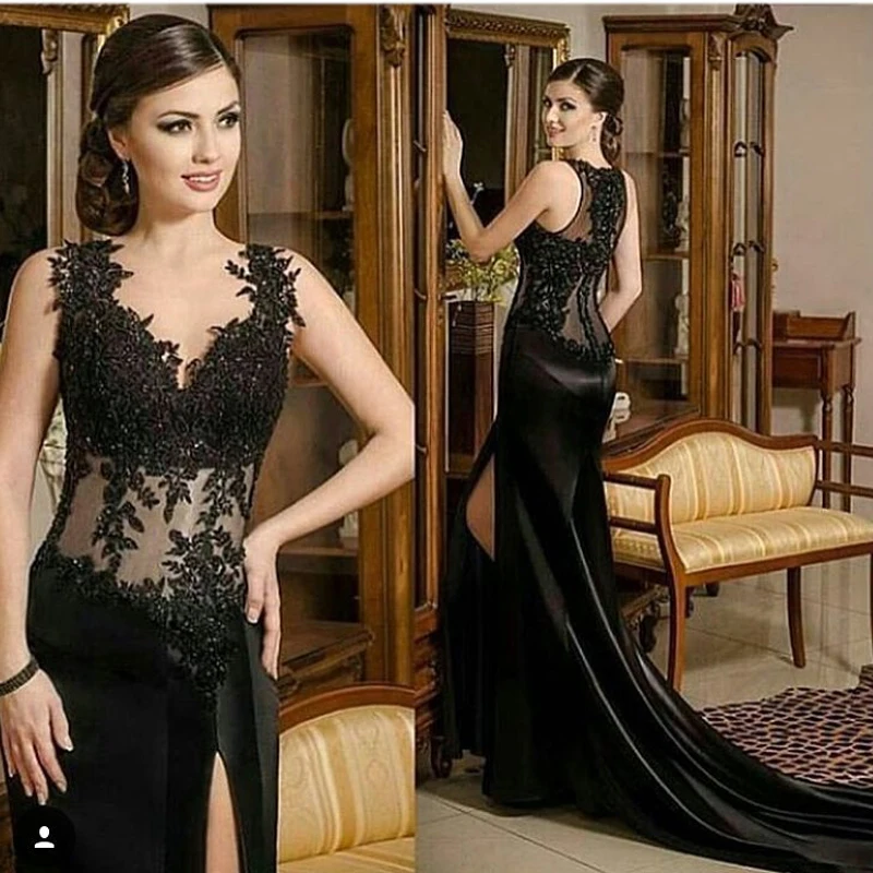 

Elegant Arabic Mermaid Evening Dresses Black Lace High Slits Sexy Prom Party Dresses Sleeveless Silk Satin Plus Size Formal Gown