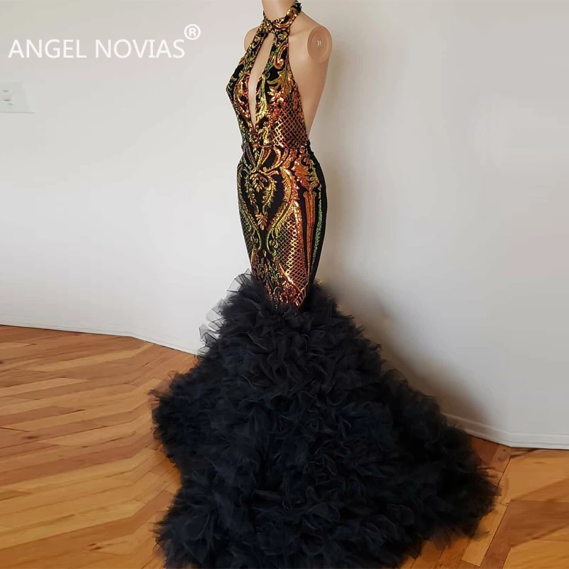 

Long Halter Neck Mermaid Black Lace Prom Dresses 2021 Backless African Formal Party Gown robes de soiree
