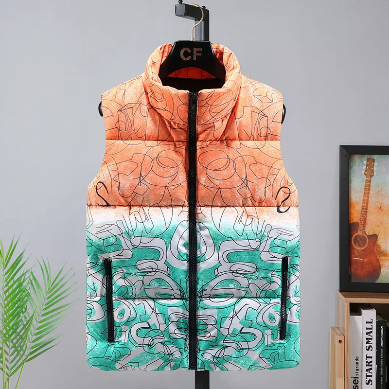 

2021 Корейская повседневная мужская куртка без рукавов с принтом, с хлопковой подкладкой, PrimaloftOne жилет с воротником-стойкой, Мужская модная безрукавка для пар