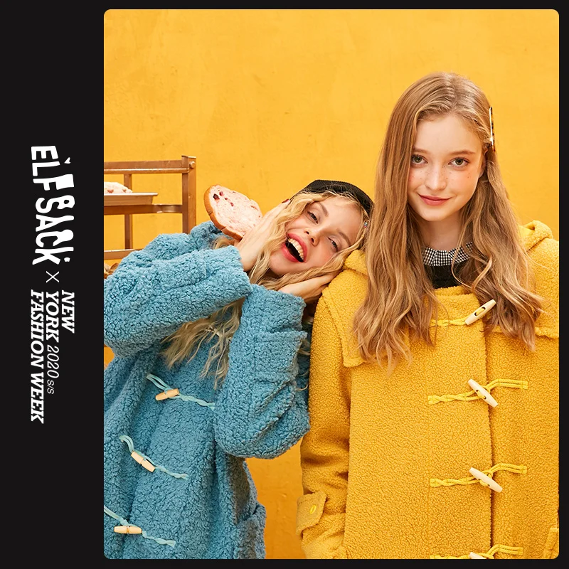 ELFSACK желтое одноцветное с роговой пряжкой корейский стиль длинное шерстяное