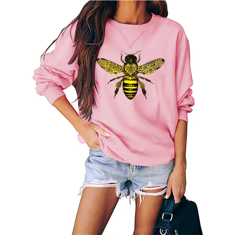

Hoodies Women O-neck Oversized Hoodie Pullover Casual Long Sleeve Autumn Sweatshirt Cute Bee Print Female Streetwear Tops