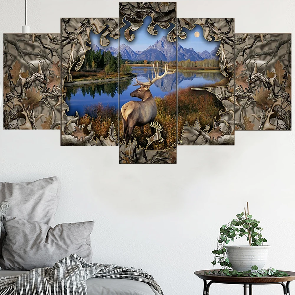 

5 Pieces Wall Art Canvas Painting Animal Poster Deer Drinking Water Modern Home Living Room Bedroom Pictures Framework