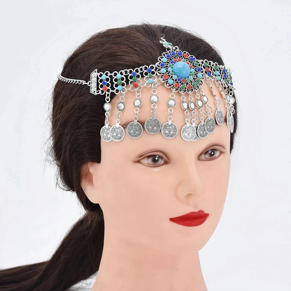 

Turkish Belly Dance Headbands for Women Boho Coin Tassel Acrylic Beads Head Chain Indian Tribal Festival Party Jewelry Gift