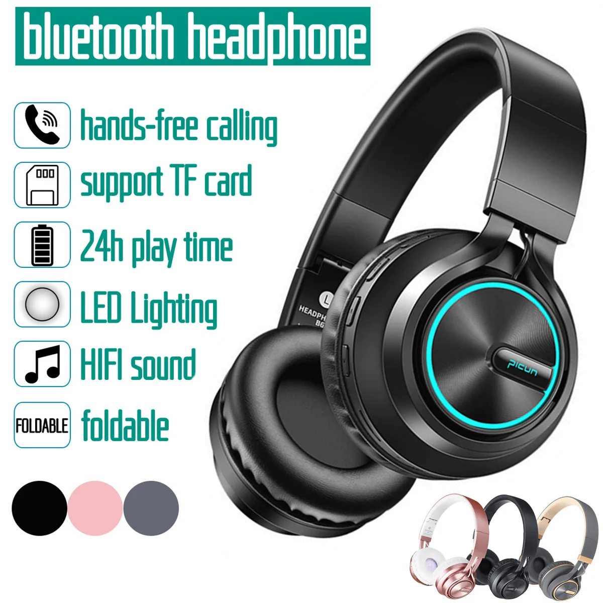 B6 беспроводные наушники bluetooth HiFI стерео Складная гарнитура светодиодный свет MP3 TF FM 3,5 мм наушники с микрофоном для телефона