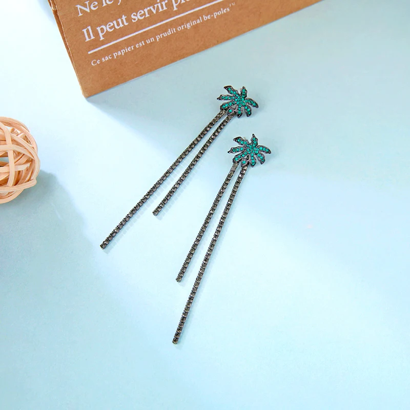 

Coconut Tree Tassel Earrings Black Gun Plated Crystal Fringes Statement Drop Earrings For Women Fashion Jewelry