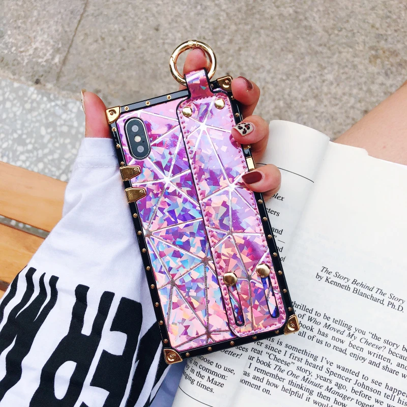 

Fashion Luxury Shiny Laser Wrist Strap Phone Case For iPhone 11 Pro XS Max SE XR 7 8 6Plus Silicone Tide Bracket Wristband Cover
