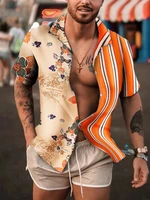 2021 summer ethnic style mens casual shirt mens print stand up collar striped short sleeve loose hawaiian high quality t shirt
