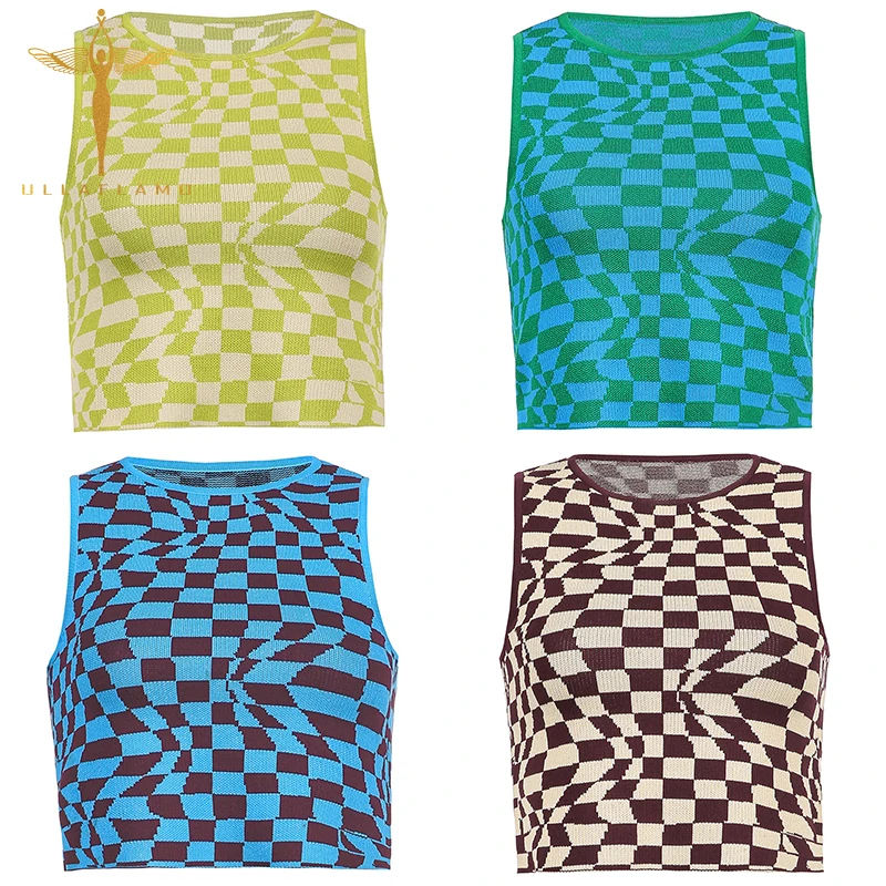 

Plaid Pattern Tank Top Womens Clothes Knitwear O-Neck Sleeveless Bottom Streetwear Crop Tops Pullover Casual Female Slim Vest