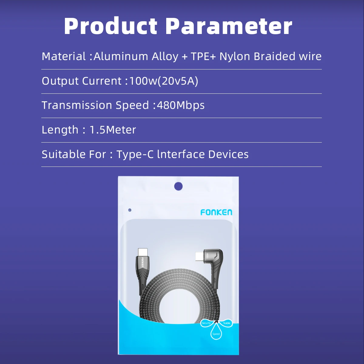 FONKEN USB C Magnetic Cable 100W 5A Fast Charging Phone Cable Type C to C 90 Degree Magnet Charger for Ipad Pro11 Samsung Tablet