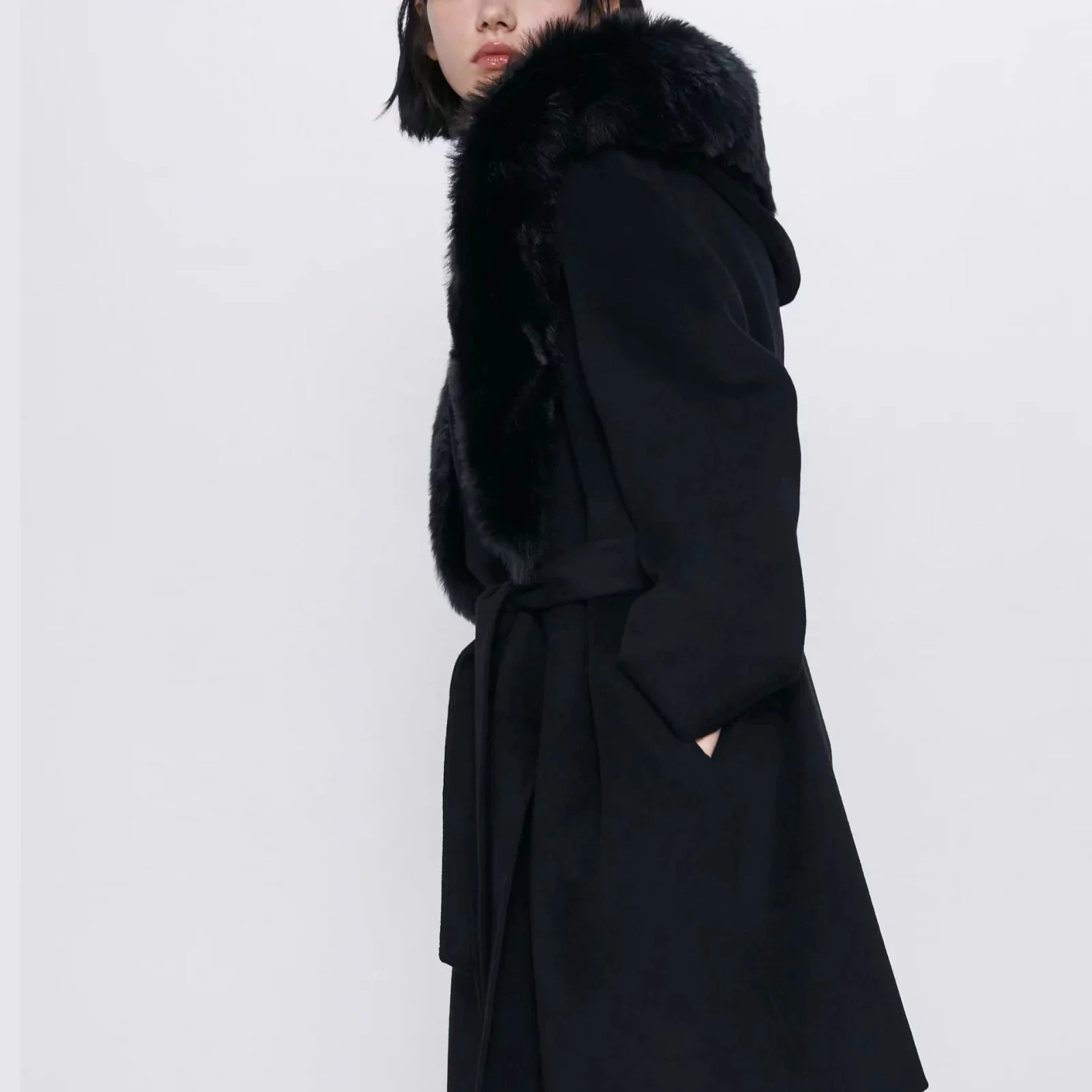 Женское шерстяное пальто ZA повседневное теплое с меховым воротником и поясом на