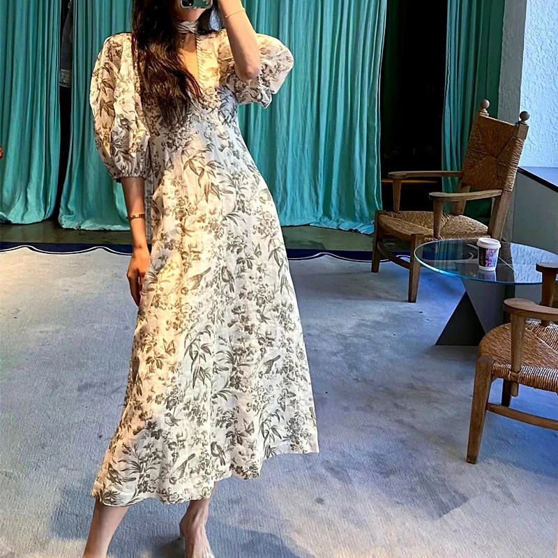 

Женское льняное платье макси светло-зеленого цвета с пышными рукавами, летнее праздничное платье с рукавами три четверти, элегантная офисн...