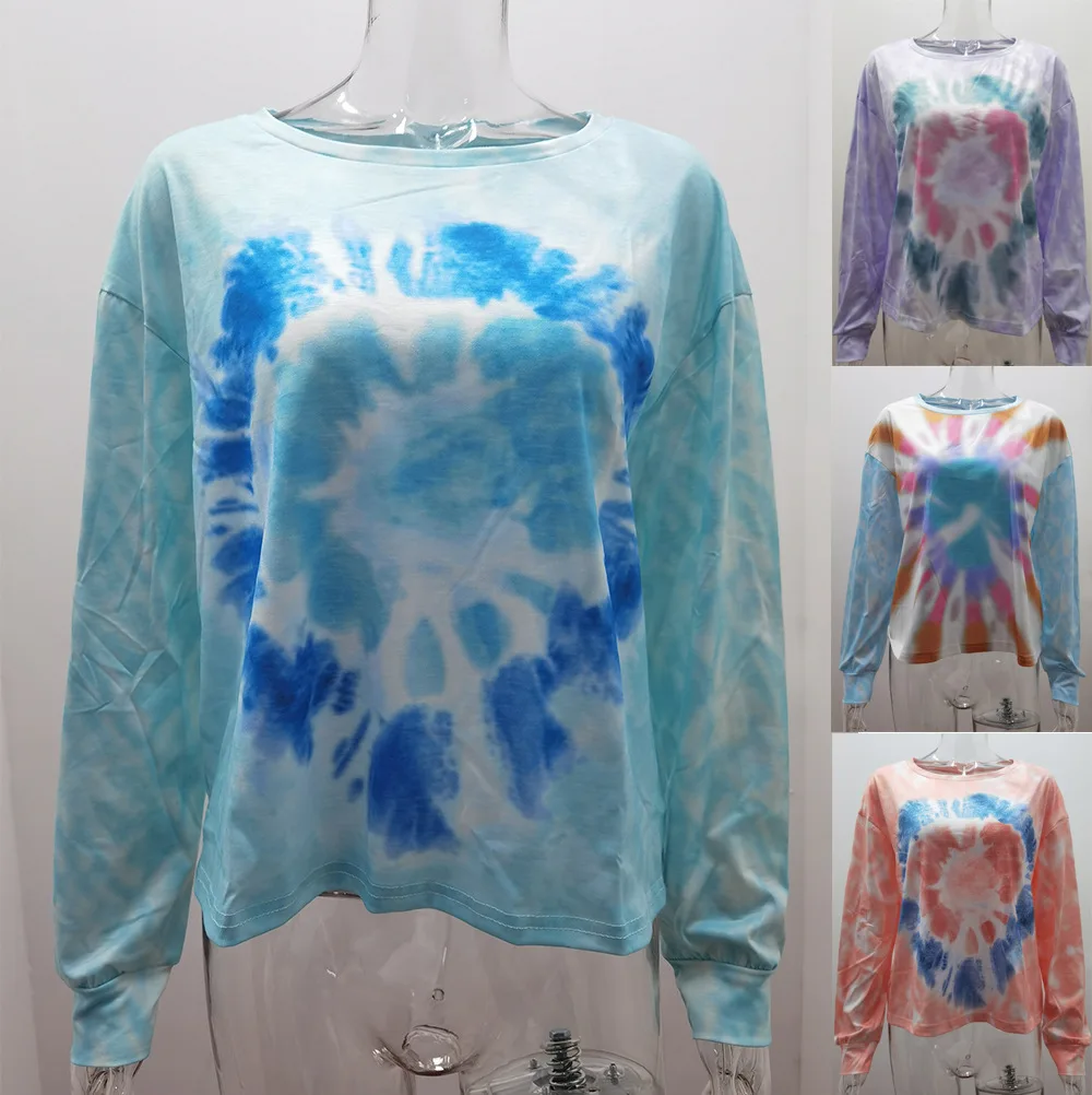 

2021 Autumn Cotton Plus Size Women Long Sleeve Blouses New Fashion Round Neck Tie-Dye High Street Csual Loose Women Shirt