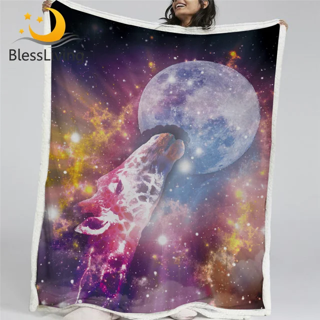 BlessLiving Giraffe Sherpa Blanket Animal and Moon Blankets For Bed Colorful Galaxy Printed Soft Linen Blanket Bedding Drop Ship 1