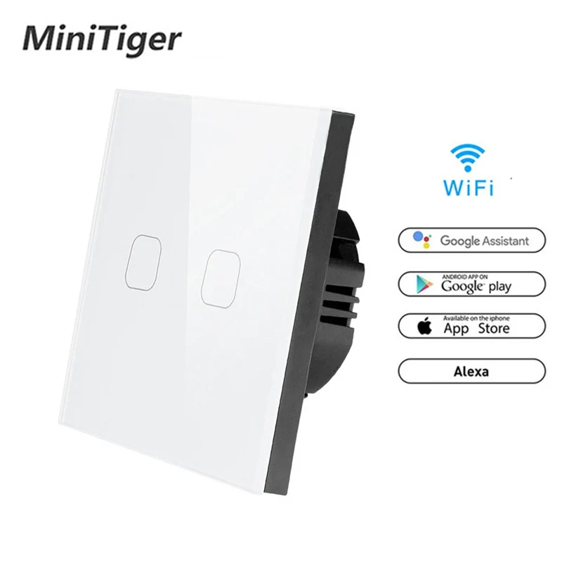 Минитигр WIFI Smart 2 Ганг Touch Switch APP Беспроводной дистанционный световой выключатель на кристальной стеклянной панели, работает с Alexa / Google Home.