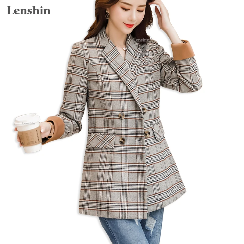 Женский двубортный пиджак Lenshin винтажный клетчатый в английском стиле с