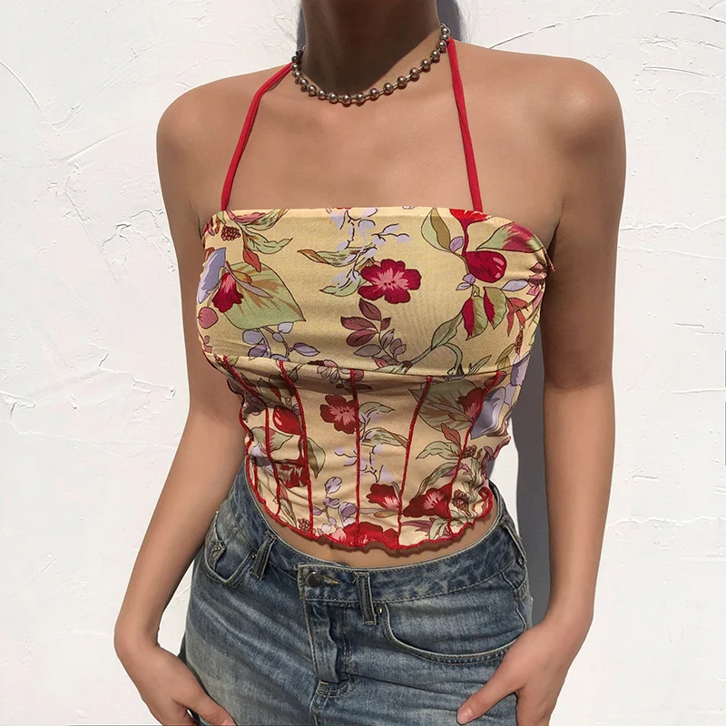 

ZOVSV Mesh Sexy Backless Cropped Tanks Camis Summer Floral Print Y2K Sleeveless Crop Top Tee Fashion 2000s Camisole Fashion