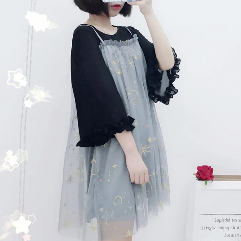 Женское Сетчатое платье с вышивкой и круглым воротником рукав три четверти милое