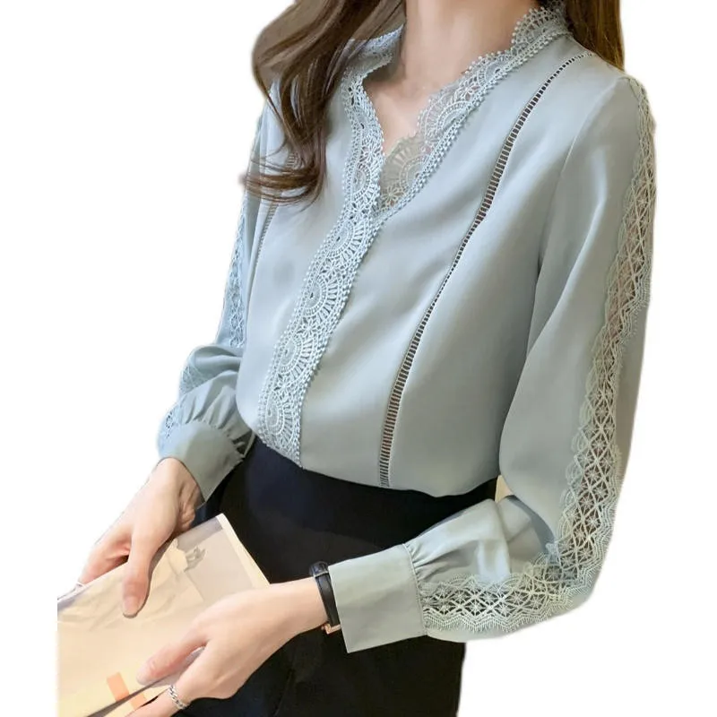 

Fashion Long Sleeve Blouse Women Clothing Casual Hollow Out Lace Ladies Tops Mujer Elegant Solid Loose Blouses Femme XXL Q3957