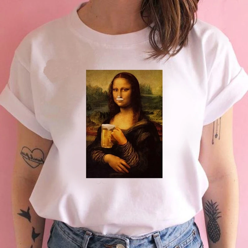 

Harajuku Aesthetic tshirt women Mona Lisa spoof personality oil painting Tops Female T-shirt Vintage 90s Cartoon korean clothes