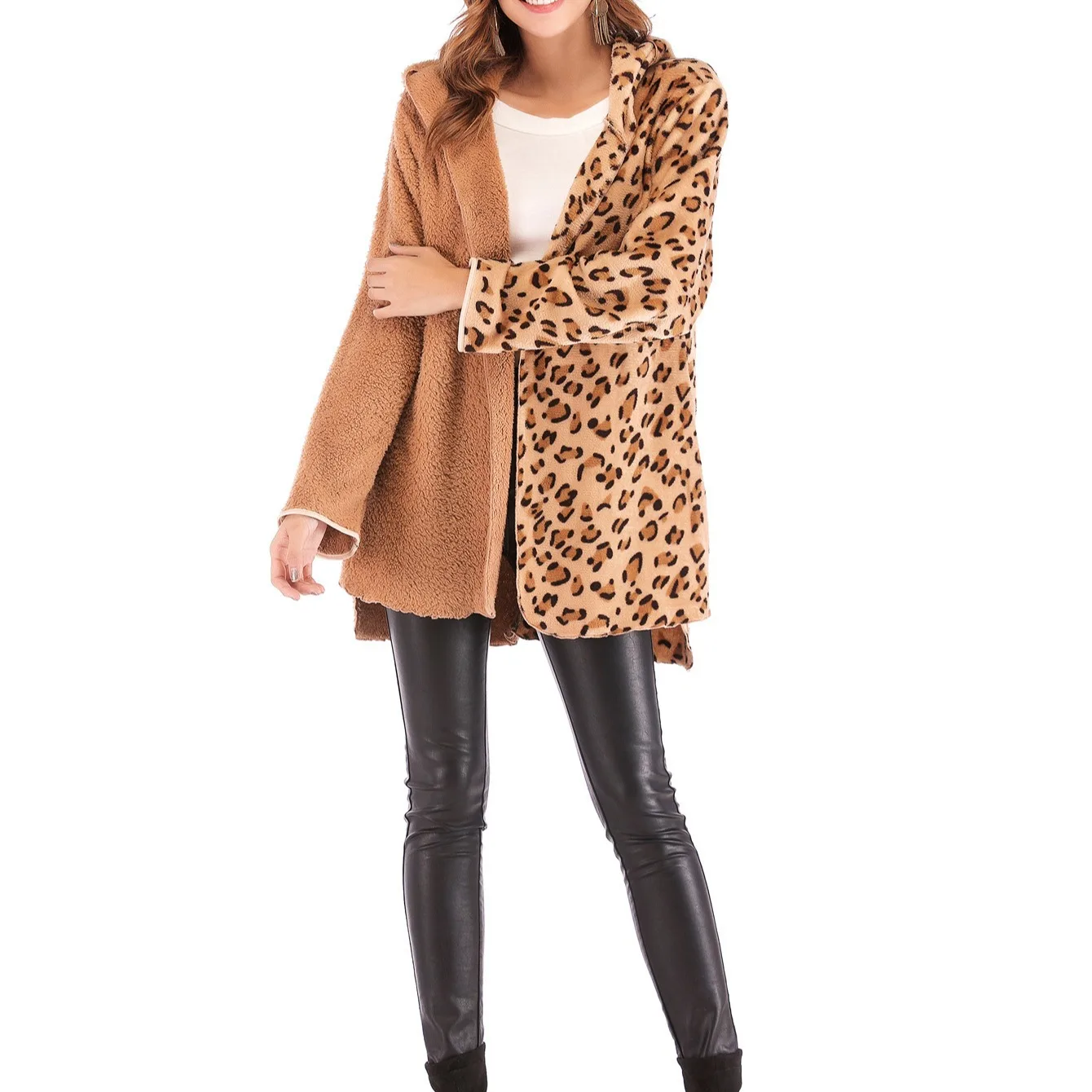 

Double-sided Fluffy Leopard Print Hooded Long-sleeved Jacket Camel Coats and Jackets Women