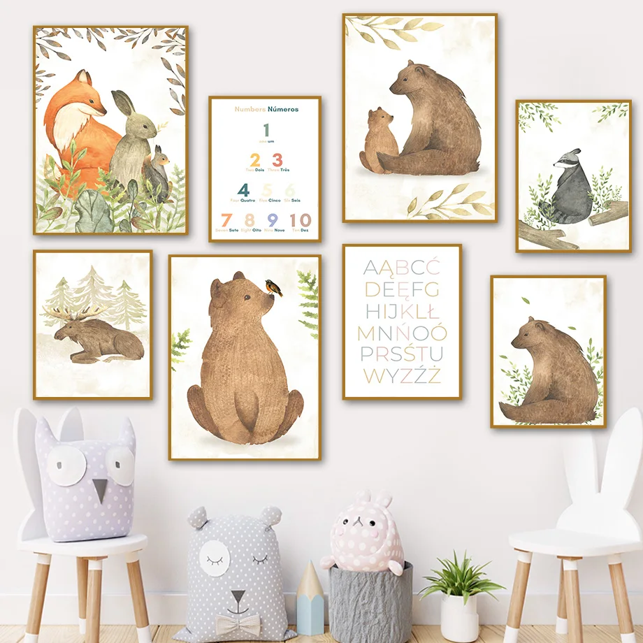 

Cartoon Animal Moose Antelope Bear Plant Number ABC Nordic Wall Art Canvas Painting Posters And Prints Pictures Kids Room Decor