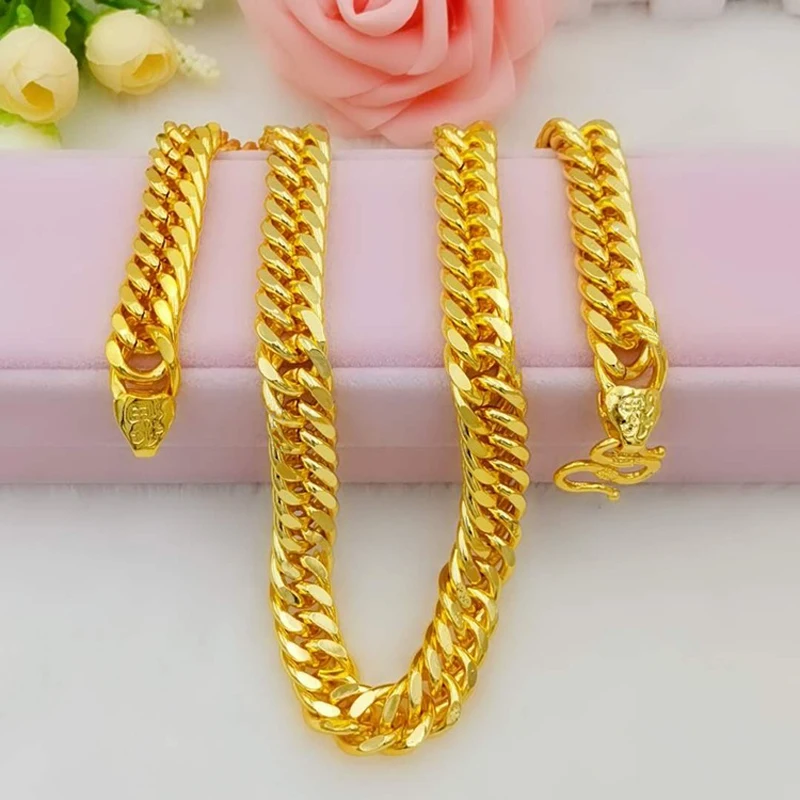 

Pure Gold Color 10mm /12mm Wide Men's Necklace Fashion 24k GP Heavy Hip Hop /Rock Fashion Jewelry Chain for Men 60cm Long