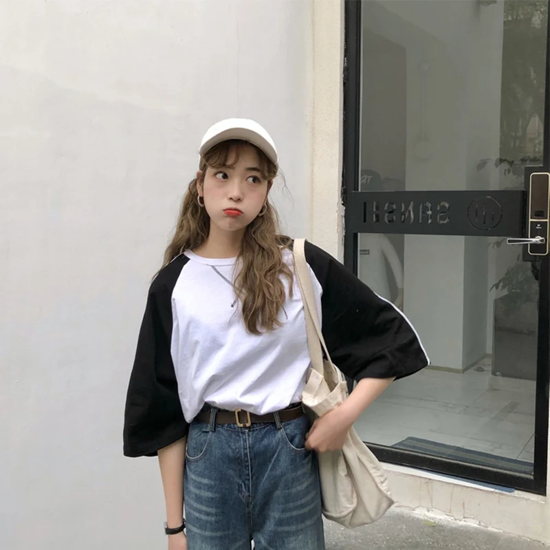 Футболка женская длинная свободного покроя в стиле пэчворк топ Харадзюку