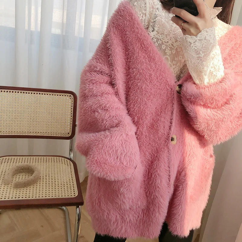 

2020 Women Spring V-Neck Knitted Soft Cardigans Warm Coat Long Sleeve Thick Sweater Female Pink Sweaters Pull Femme