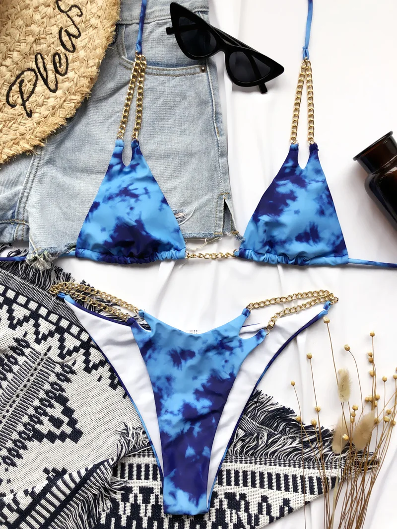

Sexy Chain Halter Bikini Swimwear Low Waist Solid Bikini Sets Bathing Suits Women Push Up Tie Dye Print Beach Wear Swimsuit