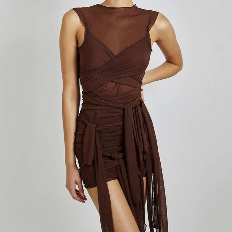 

Design Dresses for Women Casual Chic Mesh Ribbons See Through Party Dresses Wrap Bodycon Sexy Mini Dress Sleeveless Outfits 2021